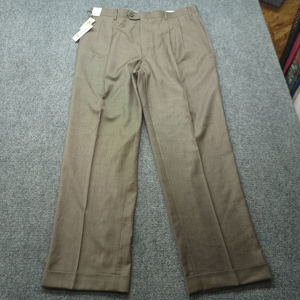 Turnbury Mens 38x32 Brown 100% Wool Pleated Cuffed Dress Pants Trousers NWT